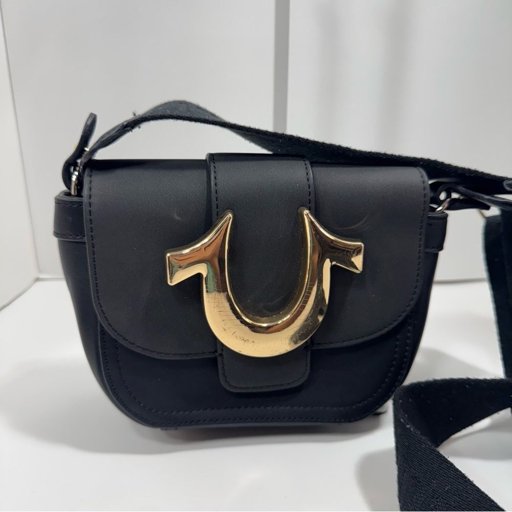True Religion Womens Crossbody Bag Black Mini Flap Adjustable Shoulder Gold Logo